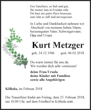 Traueranzeige von Kurt Metzger von Thüringer Allgemeine