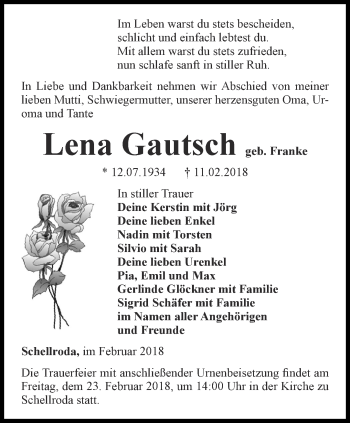 Traueranzeige von Lena Gautsch von Thüringer Allgemeine, Thüringische Landeszeitung