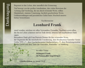 Traueranzeige von Leonhard Frank von Ostthüringer Zeitung, Thüringische Landeszeitung