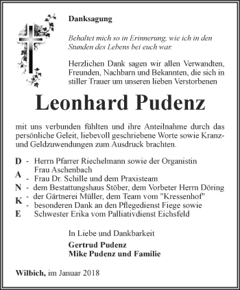 Traueranzeige von Leonhardt Pudenz von Thüringer Allgemeine