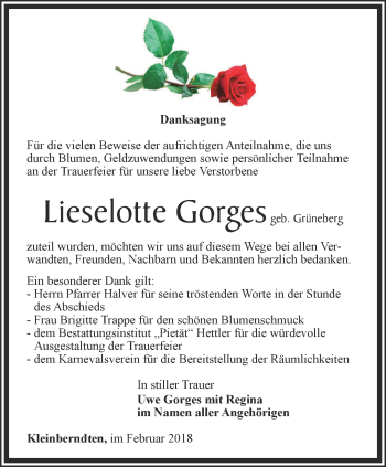 Traueranzeige von Lieselotte Gorges von Thüringer Allgemeine