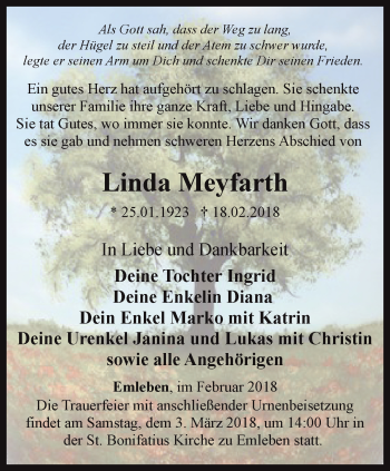 Traueranzeige von Linda Meyfarth von Ostthüringer Zeitung, Thüringische Landeszeitung