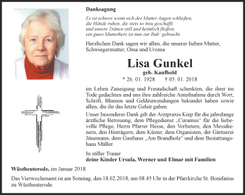 Traueranzeige von Lisa Gunkel von Thüringer Allgemeine