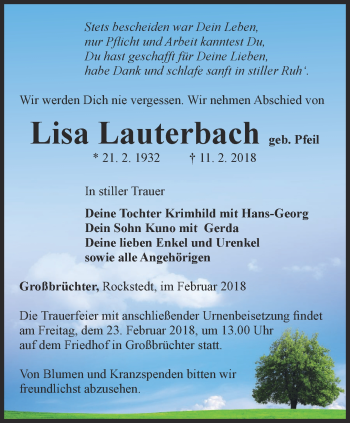 Traueranzeige von Lisa Lauterbach von Thüringer Allgemeine