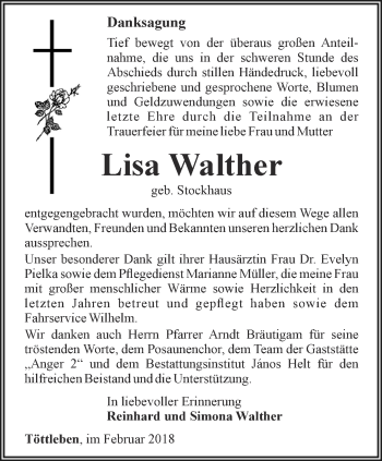 Traueranzeige von Lisa Walther von Thüringer Allgemeine, Thüringische Landeszeitung