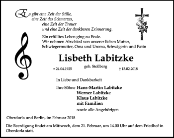 Traueranzeige von Lisbeth Labitzke von Thüringer Allgemeine, Thüringische Landeszeitung