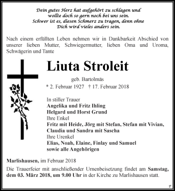 Traueranzeige von Liuta Stroleit von Thüringer Allgemeine