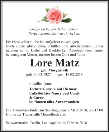 Traueranzeige von Lore Matz von Ostthüringer Zeitung