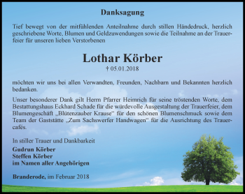 Traueranzeige von Lothar Körber von Thüringer Allgemeine