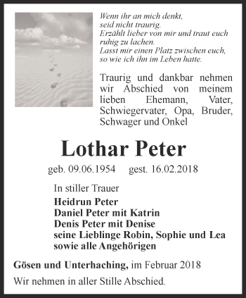 Traueranzeige von Lothar Peter von Ostthüringer Zeitung