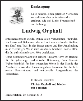 Traueranzeige von Ludwig Orphall von Thüringer Allgemeine, Thüringische Landeszeitung