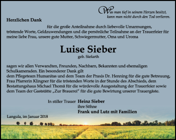 Traueranzeige von Luise Sieber von Thüringer Allgemeine, Thüringische Landeszeitung