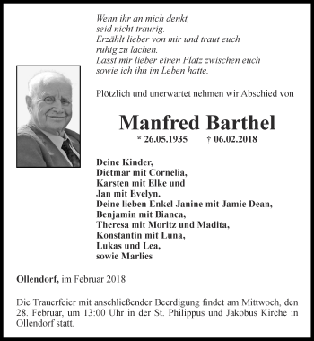 Traueranzeige von Manfred Barthel von Thüringer Allgemeine, Thüringische Landeszeitung