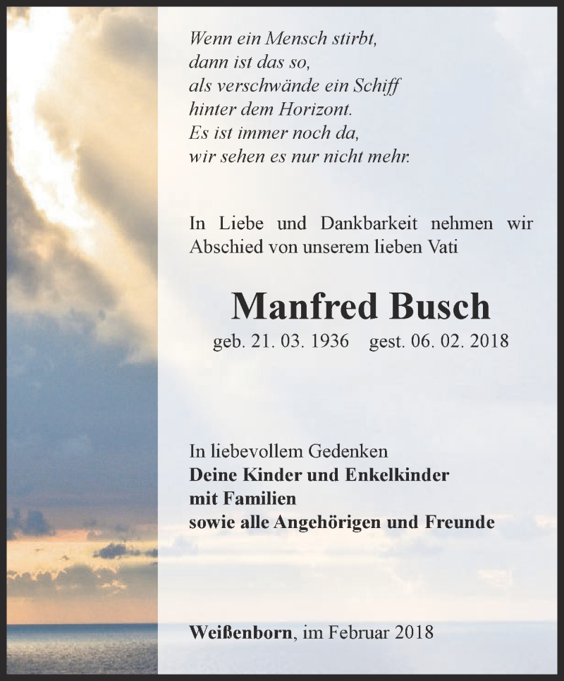 Traueranzeige für Manfred Busch vom 10.02.2018 aus Ostthüringer Zeitung