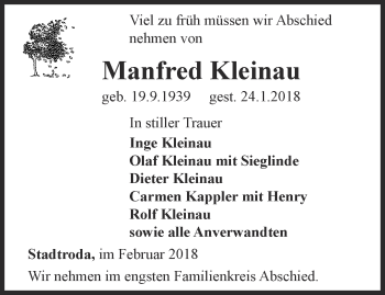 Traueranzeige von Manfred Kleinau von Ostthüringer Zeitung