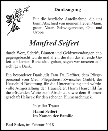 Traueranzeige von Manfred Seifert von Thüringer Allgemeine, Thüringische Landeszeitung