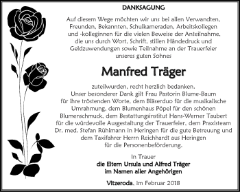 Traueranzeige von Manfred Träger von Thüringer Allgemeine, Thüringische Landeszeitung