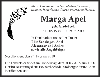 Traueranzeige von Marga Apel von Thüringer Allgemeine