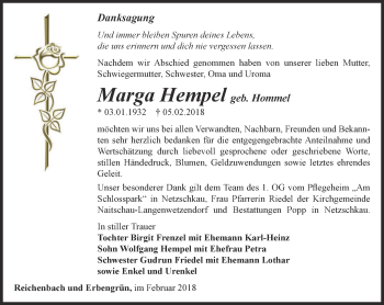 Traueranzeige von Marga Hempel von Ostthüringer Zeitung