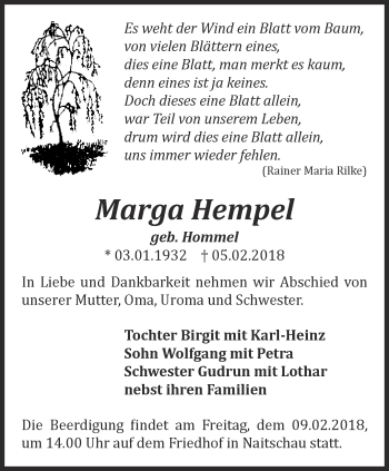 Traueranzeige von Marga Hempel von Ostthüringer Zeitung