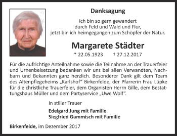 Traueranzeige von Margarete Städter von Thüringer Allgemeine