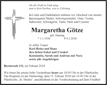 Traueranzeige von Margaretha Götze von Thüringer Allgemeine