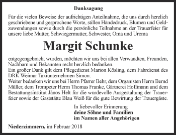 Traueranzeige von Margit Schunke von Thüringer Allgemeine, Thüringische Landeszeitung