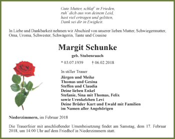 Traueranzeige von Margit Schunke von Thüringer Allgemeine, Thüringische Landeszeitung