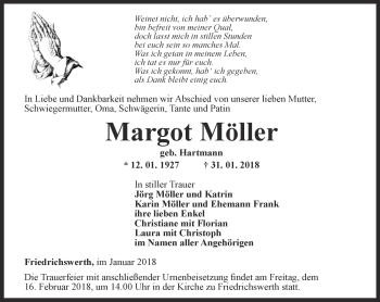 Traueranzeige von Margot Möller von Ostthüringer Zeitung, Thüringische Landeszeitung