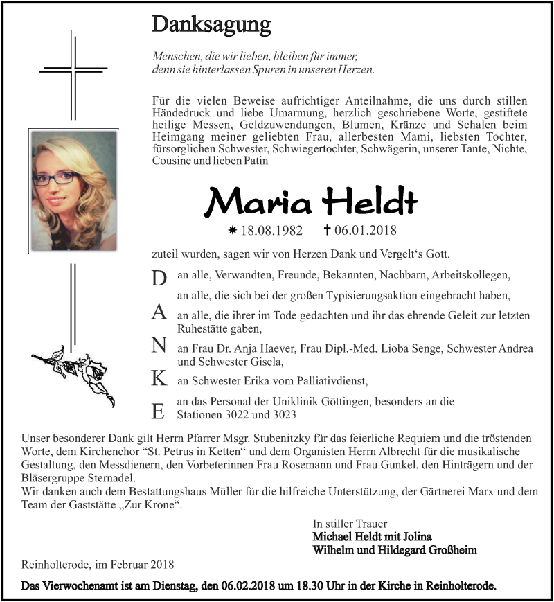  Traueranzeige für Maria Heldt vom 03.02.2018 aus Thüringer Allgemeine