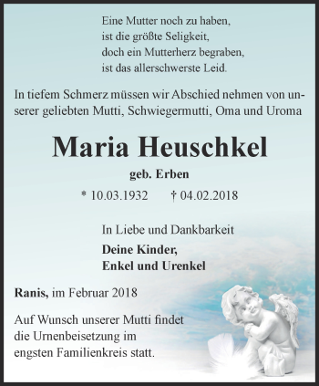 Traueranzeige von Maria Heuschkel von Ostthüringer Zeitung