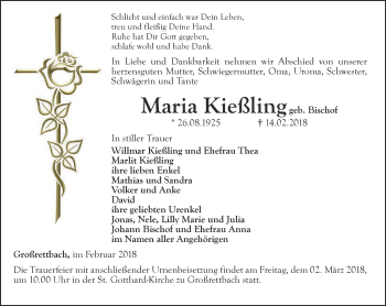 Traueranzeige von Maria Kießling von Ostthüringer Zeitung, Thüringische Landeszeitung