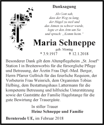 Traueranzeige von Maria Schneppe von Thüringer Allgemeine