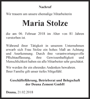 Traueranzeige von Maria Stolze von Thüringer Allgemeine