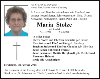 Traueranzeige von Maria Stolze von Thüringer Allgemeine