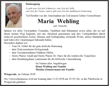 Traueranzeige von Maria Wehling von Thüringer Allgemeine