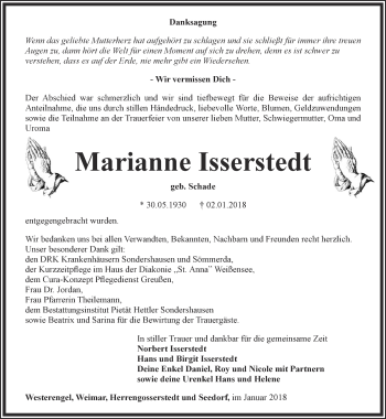 Traueranzeige von Marianne Isserstedt von Thüringer Allgemeine