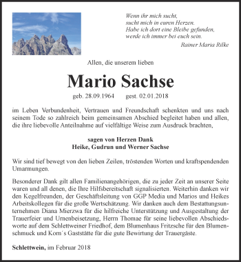 Traueranzeige von Mario Sachse von Ostthüringer Zeitung