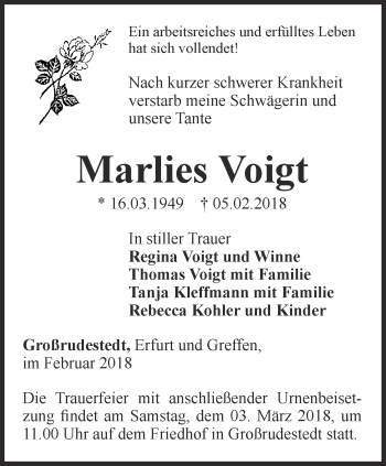 Traueranzeige von Marlies Voigt von Thüringer Allgemeine