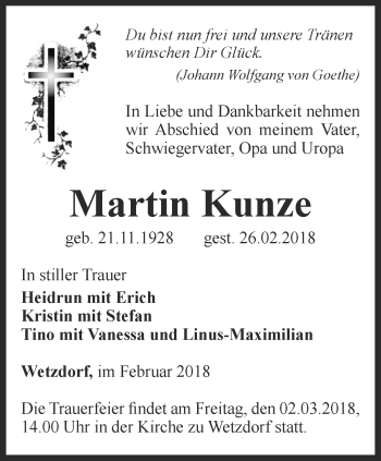 Traueranzeige von Martin Kunze von Ostthüringer Zeitung