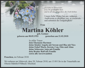 Traueranzeige von Martina Köhler von Ostthüringer Zeitung