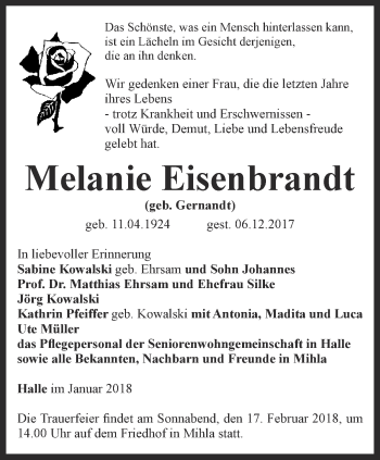 Traueranzeige von Melanie Eisenbrandt von Thüringer Allgemeine, Thüringische Landeszeitung