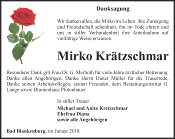 Traueranzeige von Mirko Krätzschmar von Ostthüringer Zeitung