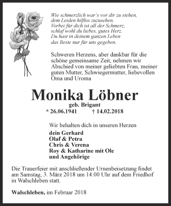 Traueranzeige von Monika Löbner von Thüringer Allgemeine, Thüringische Landeszeitung