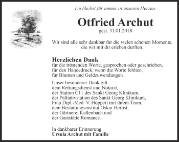 Traueranzeige von Otfried Archut von Thüringer Allgemeine, Thüringische Landeszeitung