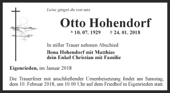 Traueranzeige von Otto Hohendorf von Thüringer Allgemeine, Thüringische Landeszeitung