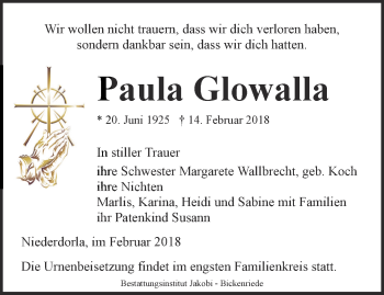 Traueranzeige von Paula Glowalla von Thüringer Allgemeine, Thüringische Landeszeitung