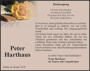 Traueranzeige von Peter Harthaus von Ostthüringer Zeitung