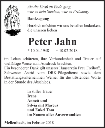 Traueranzeige von Peter Jahn von Ostthüringer Zeitung