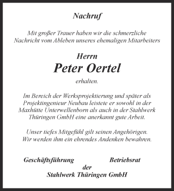 Traueranzeige von Peter Oertel von Ostthüringer Zeitung